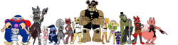 mikebot87:  So there was this Fighting AU for Fnaf and @snaxattacks did a roster line-art of it. I hope she doesn’t mind if I colored it. Two versions, one with and one without the overlaps colored in. Also Grappley’s bust was already done by @femspring
