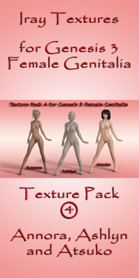 More textures for your favorite ladies by Ambrosia3D.  Textures for: Annora, Ashlyn and Atsuko.  Now your character is complete!!  With these new textures, you can use the GENESIS 3 FEMALE GENITALIA with your character in a simple and easy way!  Iray