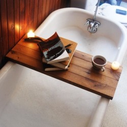 wickedclothes:  Wood Tub Caddy Holding candles, a book, a glass of wine or a steaming cup of tea the caddy will turn your bathing experience into a dream. You will be able to spend hours reading a book, writing a letter or sipping wine and listening to