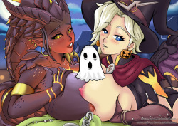 soilder9:  rud-kartzone:    HAPPY HALLOWEEN everybody ^^….a little bit early thougha treat from witch mercy and summoner symmetra both character from overwatch gamehope you like it OPEN FOR COMMISSION for more info ask me via message  Fantastic work 