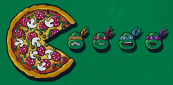 nerdwire:  Pizza Eat Turtle &amp; Don’t Touch Our Pizza by Peter Kramar Pac-man get’s cowabunga’d into the turtle dimension in Pete’s totally gnarly designs.  They’ll be available for voting over on Threadless soon for their TMNT shirt contest.