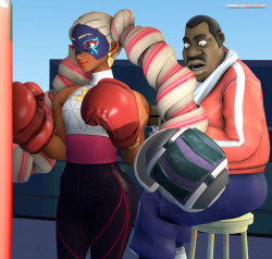 smexy-nation-art:Twintelle’s new personal coach Doc Louis overlooks her activities as she dons a pair of boxing gloves and trains for the upcoming Grand Prix.