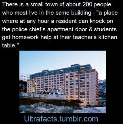 jmindigo:  letloosethekraken:  ultrafacts:  Whittier, Alaska, is a town of about 200 people, almost all of whom live in a 14-story former Army barracks built in 1956. The building, called Begich Towers, holds a police station, a health clinic, a church,