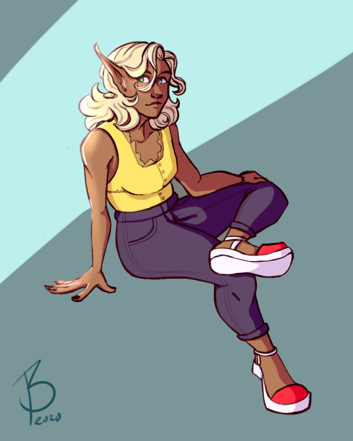 kimostv: [ID: Digital drawing of Lup, an elven woman with tan, freckled skin and blonde shoulder-length hair. She’s wearing a yellow top with transparent lace, purple jeans, and white platform sandals with a red part covering the toes. She’s sitting