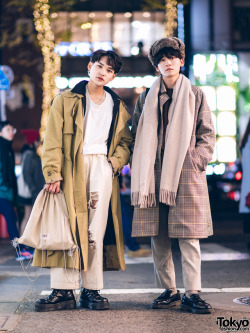 tokyo-fashion:  Japanese chef Noboru and architect Tomoya - both 22 - on the street in Harajuku wearing winter street styles featuring items by Acne Studios, Urban Research, YRAGray, Burberry, Ikumi &amp; Dr. Martens. Full Looks