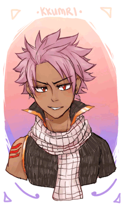 kkumri:  Joining in the bandwagon of dark skinned natsu! I’ve seen lots of my friends who draw natsu get shit for giving him “wrong eye colours” but heck, this boy can fit any skin and eye colour because of his bright salmon hair. Ain’t that