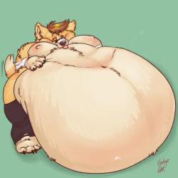 ghostbellies:  Commission for the super adorable Corpulent_Corgi!Theo…when they asked you to clean the fridge at work, i’m pretty sure they didn’t mean for you to fill up on the contents…i dunno how you’re gonna take orders that way… i tried
