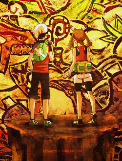 neshirys:  Close up of my Pokemon ORAS fanart ! It’s WIP, so work in progress.  I decided to continue the scene where Steven Stone shows our heroes ancient cave paintings of Groudon (Omega Ruby) and Kyogre (Alpha Sapphire) probably in Granite Cave.