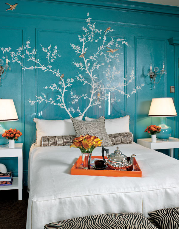 Black white and turquoise bedroom