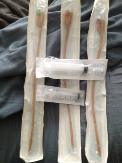 kyrbrlvr:  dlboy78:  These are Bard Foley Catheters… from left to right are 14fr, 16fr and 18fr diameters (for information on sizing see the How are Catheters Sized section of this page). Also pictured are a 20cc inflation syringe and a 60cc irrigation
