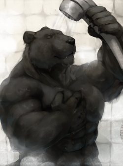 ralphthefeline:A hunky black panther is taking a shower after long day of work because shower is good, and clean is good too of course~! Bet black furs are easy to keep looking clean than white furs =w=