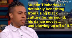 jehovahhthickness:  micdotcom:  Vic Mensa calls out the irony of Justin Timberlake’s music on The Nightly Show  Look at my Gemini bae y'all