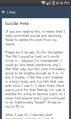 princess-snorlax:  Leelah’s mom is trying to remove her suicide note from her blog (lazerprincess). Screenshot her words. Spread them like wildfire. 