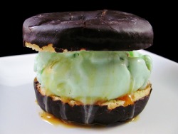 fyeahsundaes:  Chocolate Butterscotch Pistachio Doughnut Ice Cream Sandwich:  Pistachio Ice Cream drizzled with Butterscotch and sandwiched between a split Frosted Chocolate Doughnut.