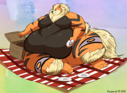 kazecat:  Commission for Light-The-Lucario  His arcanine form just setting up plates for a picnic. 