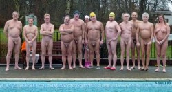 ninnakos:  Kevin Murphy(Swimmer) naked in his resort (Spielplatz Naturist).He is the hairy guy in the middle with the yellow hat.The other 2 photos are from “Swim the channel” BBC documentary.