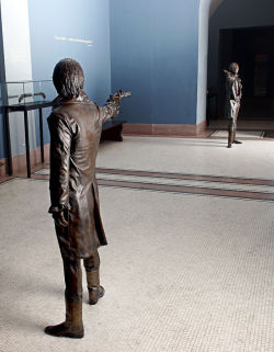 public-digiturgy:  Hamilton Today:These two life-size bronze statues of Hamilton and Burr at that most epic of moments, their duel, usually sit at the New York Historical Society but will be gracing the Public’s lobby for the run of the show!   