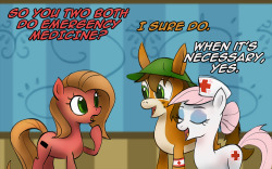 askcharliefoxtrot:  askpun:  I bumped into two of the resident medical experts in Ponyville, Nurse Redheart and Charlie Foxtrot! You can check out the visiting medic over at Ask Charlie Foxtrot! Artwork by RuffuScript #87  I’m beginning to see why