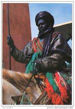 nigerianostalgia:  A mounted Hausa warrior in full ceremonial regalia, Nigeria 1974Vintage Nigeria 