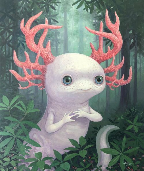 tascott:“Forest Axolotl” for my solo show, opening today May 9th, “Beneath the Canopy” at @beinartgallery 🎨 The online preview is now available on the gallery’s website: Beinart.org #beinartgallery #oilpainting #underthecanopy #thomasascott