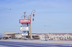 vintagelasvegas:  Las Vegas Strip, January 1969.  The strip from south to north: Aladdin, Flamingo, Castaways, Desert Inn, Stardust, Riviera, Thunderbird, Sahara. Thanks to an unknown photographer and blue skies. 