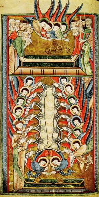 A page from the 12th-century York Psalter, produced in the north of England c.1170 in an angular, stylized but vigorous English Romanesque. Above, as the body of Mary is laid to rest in the tomb angels swoop down swinging censers. Below, the Virgin Mary