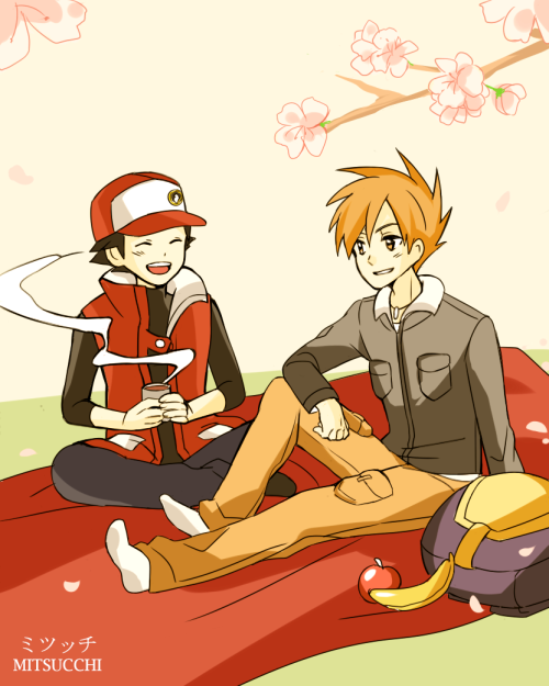 mitsucchi: Artist: @mitsucchi (Tumblr) Pairing: Red x Green (Pokemon) A/N: After seeing Red smiling in the Pokemon Masters game, I also gotta draw his happy and bright mood, giggling at Green’s storytelling during a picnic moment :3 ♥ 