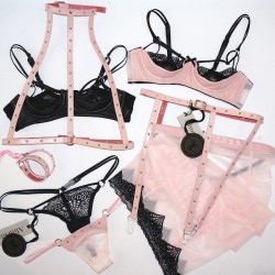 babylikestopony:  First Almeida London delivery in store at Babylikestopony. Leather &amp; lace open cup bra’s, pink leather harnesses &amp; wrist restraints, leather &amp; powermesh skirts and matching thongs oh my! Handmade in the UK and, as always,