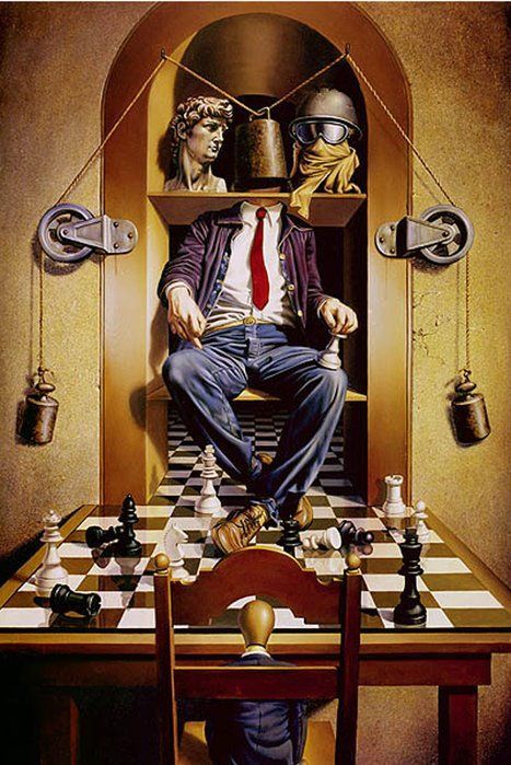 theartivistic:David und Goliath spielen schach (David and Goliath play chess), by German painter Siegfried Zademack.