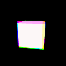 p5art:  chromatic boxes (3D)(based on the new ‘rendering tutorial’ over on processing.org; my code here; and weirdly enough Tumblr accepts this GIF with 240 frames now … !?)