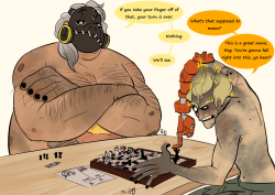 lolipoptiger:  Ok so like I think Roadhog and Junkrat are both probably really good at chess?? theyre always missing pieces though so they need to write down some of them on paper slips (They make silly bets every game too)