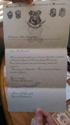Dear Mrs. Kindel,We are pleased to inform you that you have been accepted at Hogwarts School of Witchcraft and Wizardry. Please find enclosed a list of all necessary books and equipment.Term begins on September 1. We await your owl by no later than July