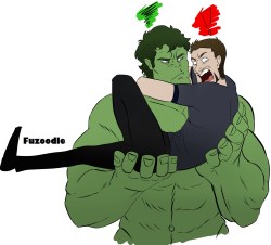 fuz-oodle:  &ldquo;METAL MAN MAKE TOO MUCH NOISE!!!&rdquo; Tony Stark screaming in hulk’s arms in fear. I have no idea why I drew this but seriously please let this be a scene in AOU