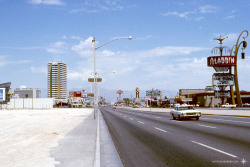 vintagelasvegas:  Las Vegas Blvd, 1970.  A view of the Strip from where the City Center shops are today: Dirt, Dunes, Robinhood Motel, Flamingo, Bonanza, and the Aladdin.    Hard to believe this is what it looked like when I first drove down the strip