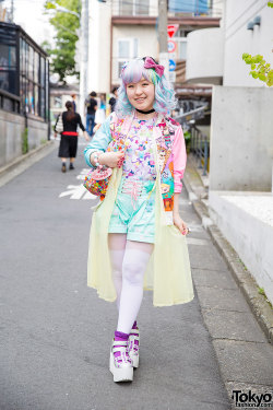 tokyo-fashion:  15-year-old Harajuku girl with pastel hair, rainbow braces, a 6%DOKIDOKI bag with Uta no Prince-sama pins, and colorful fashion from Milklim, Uniqlo, and Swimmer. Full Look