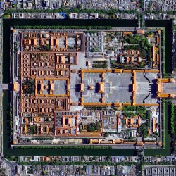 dailyoverview:   The Forbidden City in Beijing, China was built from 1406 until 1420 by more than one million workers. The palace complex, which contains 9,999 rooms, is surrounded by walls and a moat that are 26 feet high and 171 feet wide, respectively.