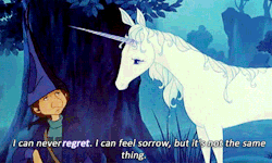 vespertineinspiration:  The Last Unicorn - Regret  Hey. Public service announcement from ECM: You there. Yeah, you, the person following my blog who&rsquo;s never seen The Last Unicorn. I know there are a few of you! Please. Go watch it sometime. :3