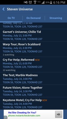 polygemsofficial:  Cry for Help and Keystone Motel were listed for Stevenbomb 3.0 on TV Guide!  artemispanthar  OK, so I guess TV Guide mobile has different listings than TVGuide.com. This is interesting. I looked myself and found another entry for the