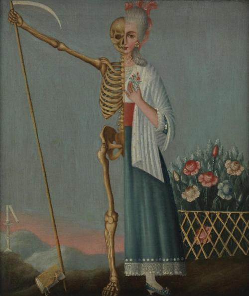 blondebrainpower:  A woman divided into two, representing life and death. A detail from an oil painting, Life and Death, depicting half-woman, half-skeleton figure bearing a scythe, 18th century. Wellcome Library, London.Memento MoriPreviously, death