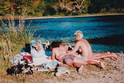 h-e-r-s-t-o-r-y:  Have a prideful nude beach weekend! Friends sunbathing on American River, California. San Francisco Public Library collection #lesbianculture #lesbianbeach #nudebeach #the90s #summer17 #pride #pridemonth