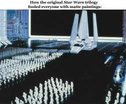 gordo-dude:  kateordie:  as-warm-as-choco:  Before the computing era, ILM was the master of oil matte painting, making audiences believe that some of the sets in the original Star Wars and Indiana Jones trilogy were real when they weren’t. They were