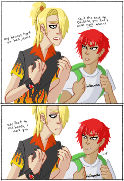 sparrowshy:   &ldquo;do you even have any idea how much three sets of braces cost, sasori? i have priorities!”  middle school au deidara and sasori are quite possibly the worst things i’ve ever drawn 