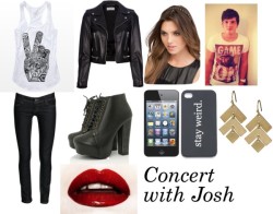 xdtw1dloverxd:   concert with josh by robyn-lee-abrahams featuring black boots ❤ liked on Polyvore Racerback tank / Yves Saint Laurent motorcycle jacket / Skinny jeans, ฺ / Black boots, ู / Hive &amp; Honey drop earrings / Bebe / Iphone case / Apple