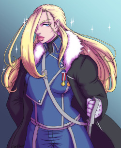 xmrnothingx: Olivier Mira Armstrong from Fullmetal Alchemist Finishing up my winter break by drawing the Ice Queen and Northern Wall of Briggs herself. edit: forgot to edit the shading like i usually do 