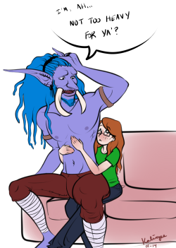 wethatkindoforc:  seekerkaliope:  If you don’t think I won’t grope my own characters if given the chance you are sorely mistaken. Jumping on the Trolls-sitting-on-their-creator’s-lap bandwagon with Rahkir.   This will never stop being delightful