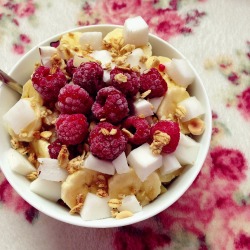 see-this-girl-run:  rabbit-tea:  Breakfast this morning was banana oatmeal with more banana slices, coconut chunks, raspberries and some honey toasted granola, yum!  yummmmm and i have the same blanket !:) 