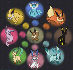 molly2173:  Phew! This has been sitting around my computer half completed for a while now, really glad I finished it! It’s been a long time since I did a big group picture of the Eeveelutions. And I’m really happy with the results c: There are a few