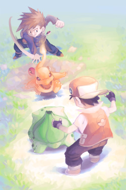 rokkanart:  Pokémon - Red vs Green/BluePainting experiment over this Ken Sugimori artwork , tried to incorporate some colors from the original games as played in non-monochromatic/Super Game Boy mode, with a watercolor-inspired look to it. 