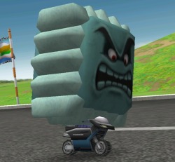 suppermariobroth: Thwomp riding his moped, seen in the Extras Zone in Mario Party 8.
