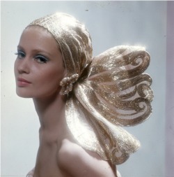 candypriceless:  Celia Hammond wearing an evening turban of organza and gold with earrings by Countess Giovanna Nievo, photo by Ronald Traeger used for Vogue UK cover, Oct. 1967. 